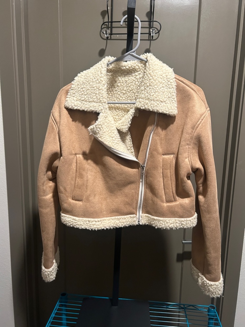 SHEIN Tan Cropped Teddy Jacket with Cream Sherpa Collar
